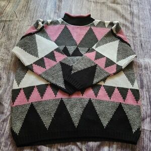 Vintage Geometric Pattern‎ Knit Mock Neck Sweater 80s 90s Pullover